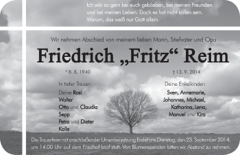 Traueranzeige von Friedrich Fritz  Reim von Pegnitz-Zeitung